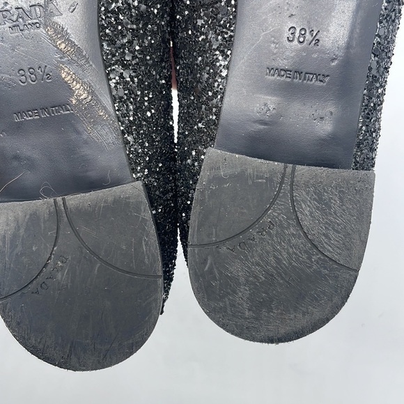 Prada Black Glitter leather bow logo embellished pointed toe ballet flats 38.5 - Picture 10 of 11
